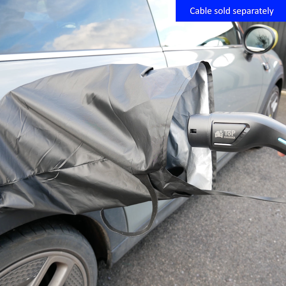 A side shot of the magnetic EV charge port cover, showing it open and ready to accept the cable feeding through it