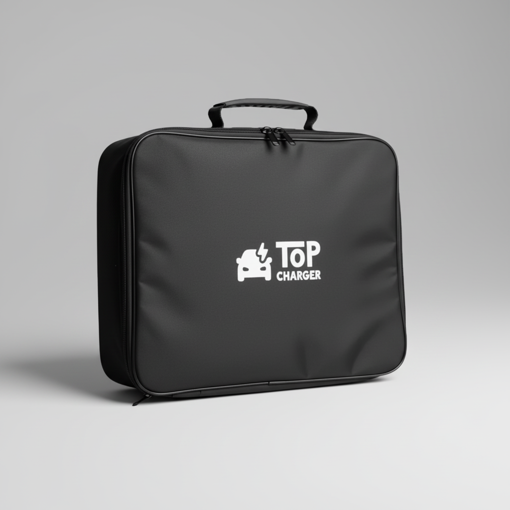 The Top Charger EV cable carrying case, shown from the side, a professional photo