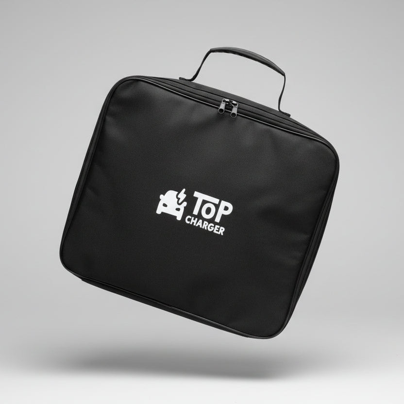 Black carrying case with 'Top Charger' logo on a gray background